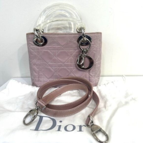 Authentic CHRISTIAN DIOR Pink Quilted Nylon Lady Dior Handbag Purse with Strap - Picture 1 of 14